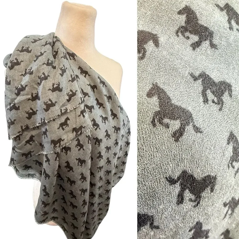 Semi-Sheer Soft Viscose Horse Print Rectangle Scarf Shawl Gray Black Western